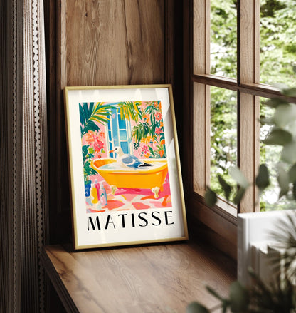 Framed seagull print in Matisse style for colorful bathroom wall décor