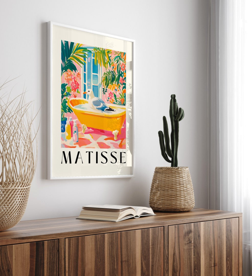 Henri Matisse inspired framed artwork of seagull in bathtub among florals