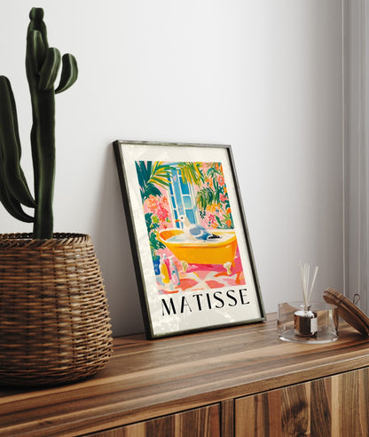 Framed bathroom wall art print featuring seagull in a golden tub of water