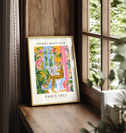 Framed leopard print in Henri Matisse style for quirky bathroom wall décor