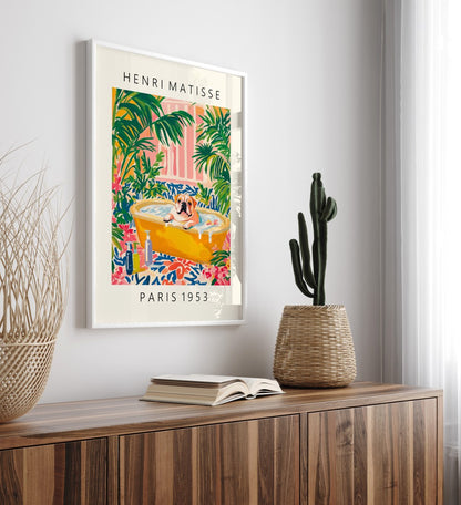 Bulldog soaking in bathtub, framed bathroom art print in Matisse style