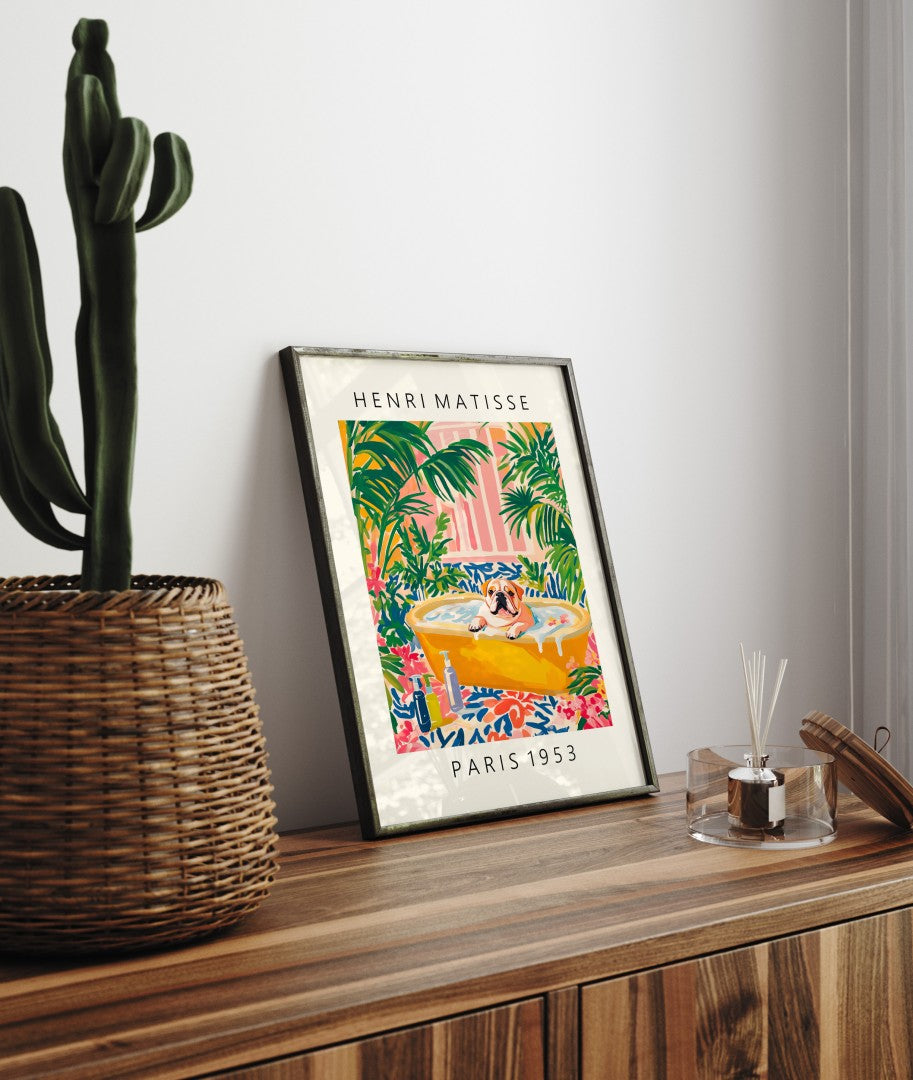 Colorful framed wall art print of English Bulldog in tub, Matisse inspired