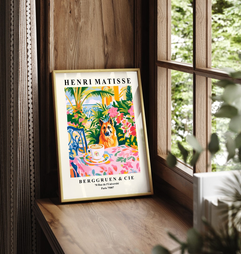 Framed art print showing a German Shepherd with floral coffee cup surrounded by tropical plants in Matisse style