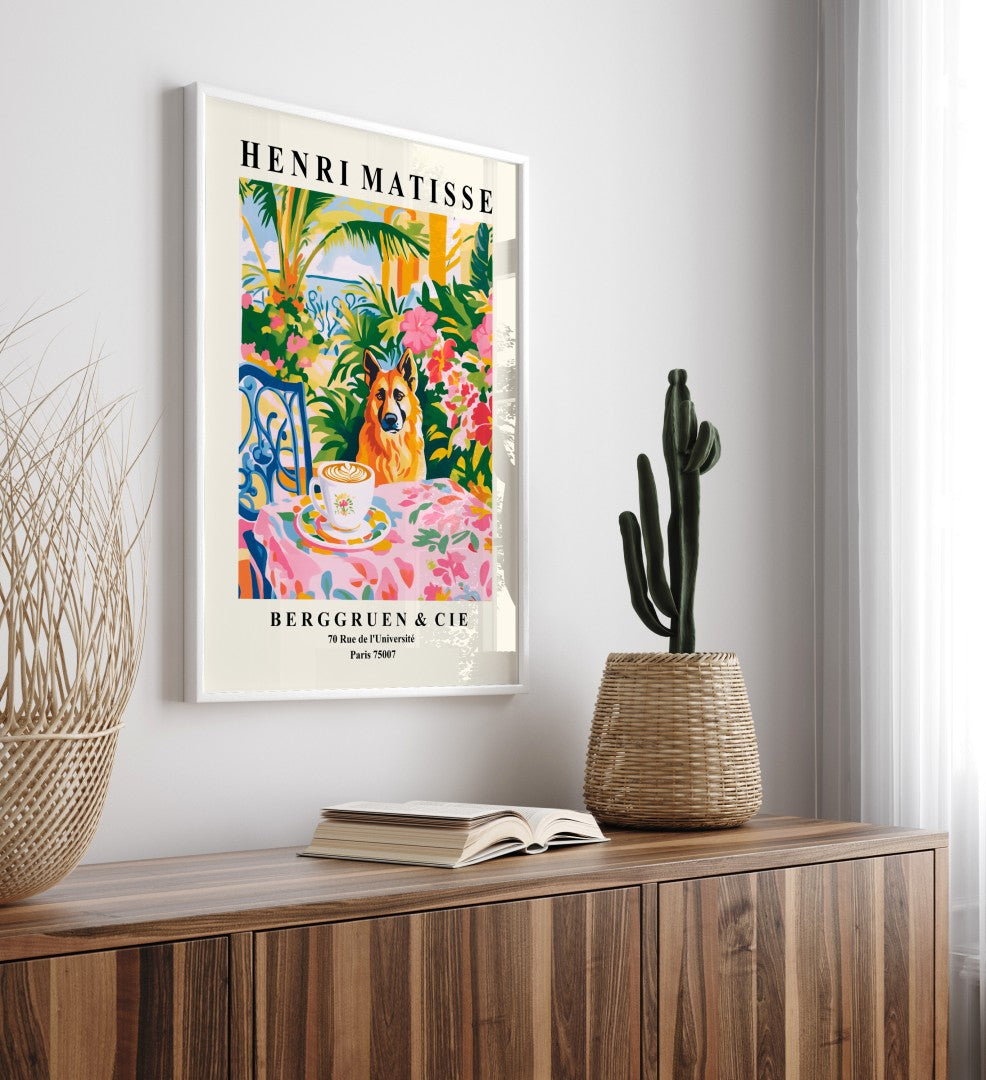 Framed art print featuring a German Shepherd beside a patterned coffee cup with vibrant greenery and blossoms