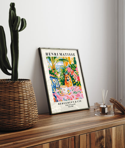 Framed art print showing a German Shepherd coffee scene among tropical flowers and lush foliage in Matisse inspired design
