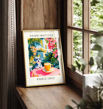 Framed art print featuring a Schnauzer with latte at a tropical café