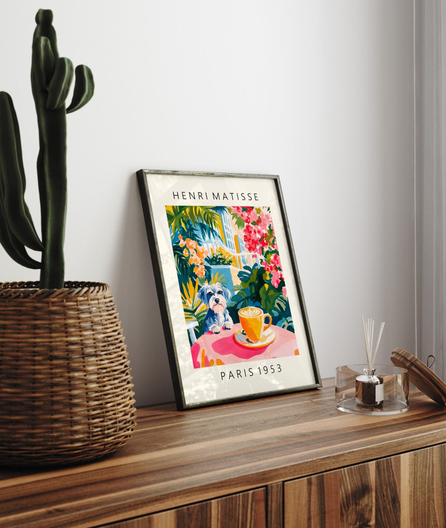 Framed art print showing Schnauzer and latte surrounded by lush tropical plants