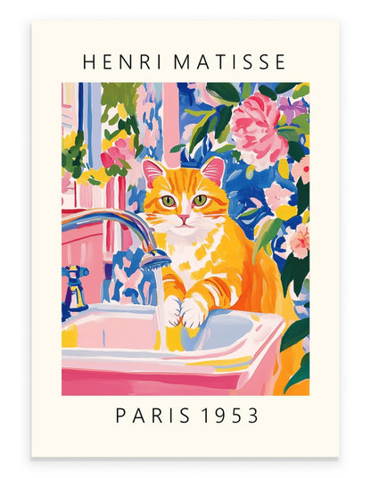 Orange cat washing paws in sink, Matisse inspired bathroom art print