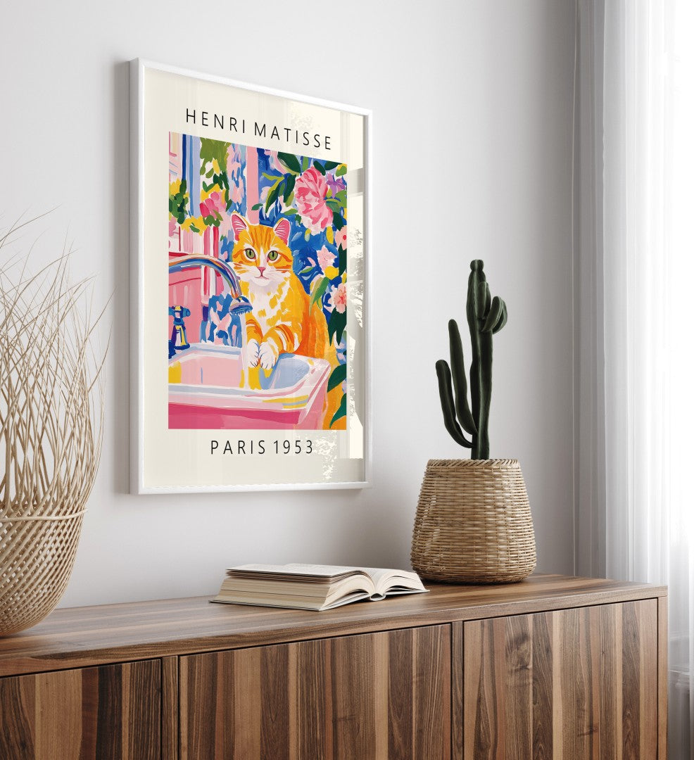 Orange cat at sink, framed Matisse style bathroom wall décor print