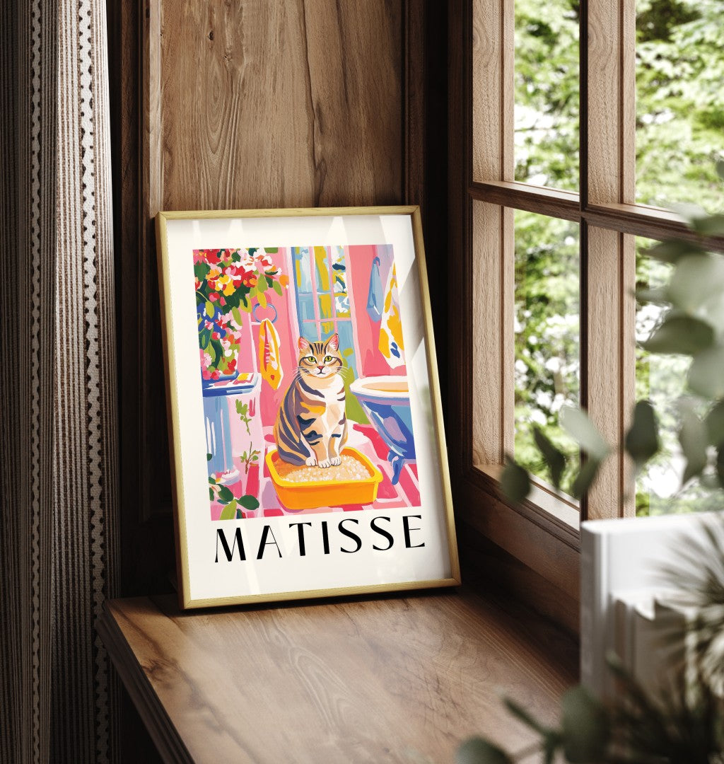 Framed Matisse inspired bathroom wall art of tabby cat
