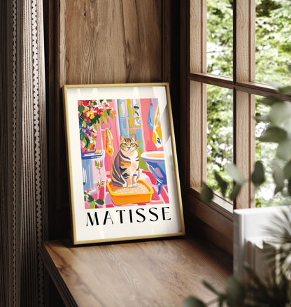 Framed Matisse inspired bathroom wall art of tabby cat