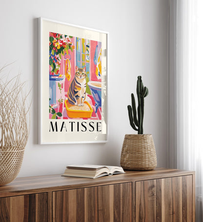 Tabby cat in bathroom scene, framed Matisse style wall décor