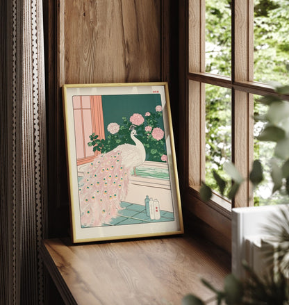Framed bathroom wall art featuring a white peacock in a serene flower-filled bath