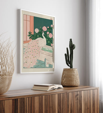 High-quality framed peacock bathroom print with Japanese botanical design