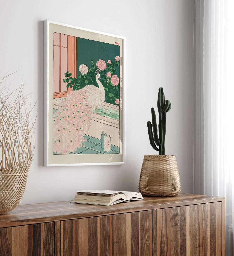 High-quality framed peacock bathroom print with Japanese botanical design