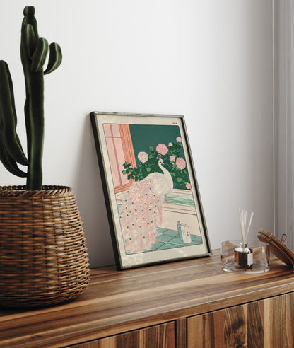 Framed bathroom decor with a peaceful white peacock in a pink and green floral bath