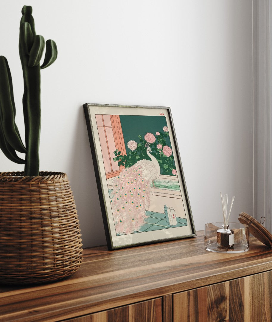 Framed bathroom decor with a peaceful white peacock in a pink and green floral bath
