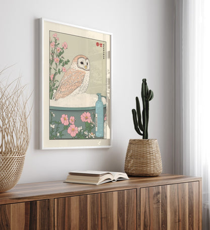 High-quality framed barn owl bathroom print with gentle tones and greenery