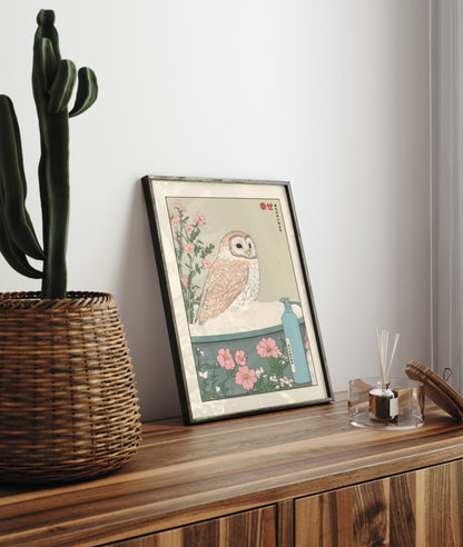 Framed bathroom decor featuring a barn owl in a Japanese-inspired botanical bath