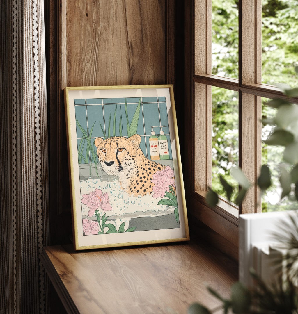 Framed bathroom wall art of a cheetah in a peaceful, flower-filled tub