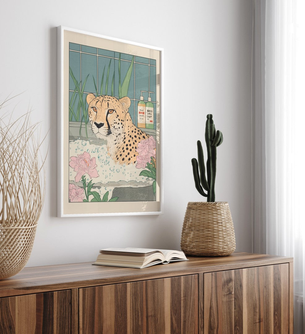 High-quality framed cheetah bathroom print with botanical background