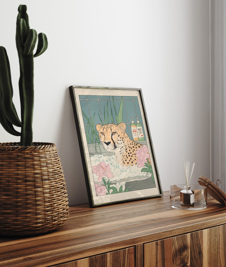 Framed bathroom decor showing a calm cheetah in a floral Japanese bath