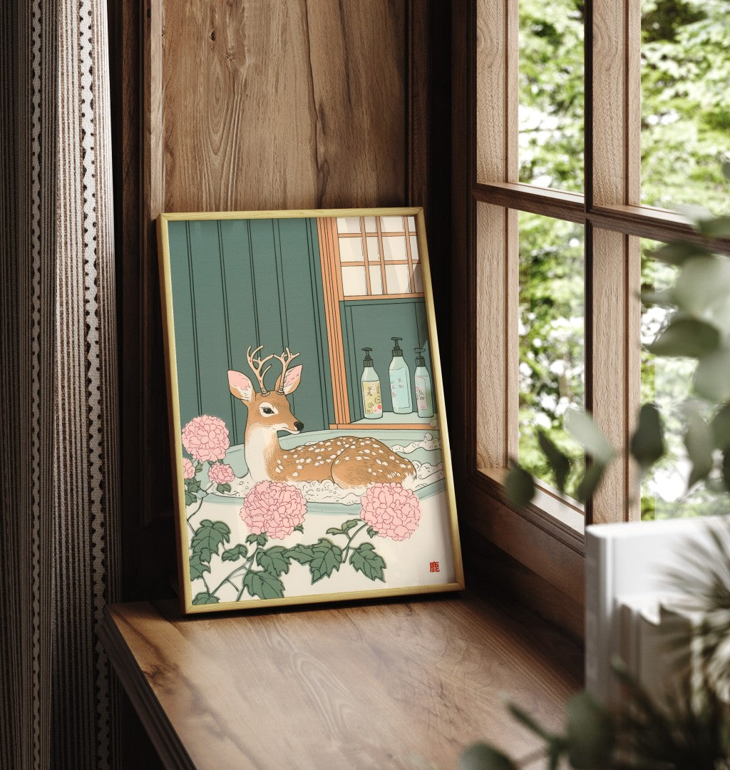 Framed spotted deer bathroom print with pastel flowers and calm tones
