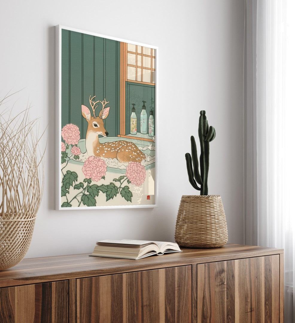 High-quality framed spotted deer bathroom wall art with botanical accents