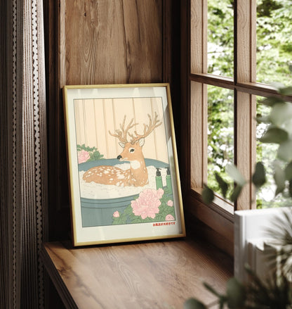 Framed bathroom print of a spotted deer in a pastel botanical soak