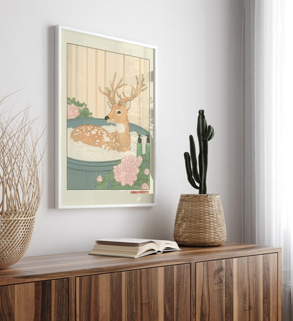 High-quality framed spotted deer bathroom wall art with calm floral design