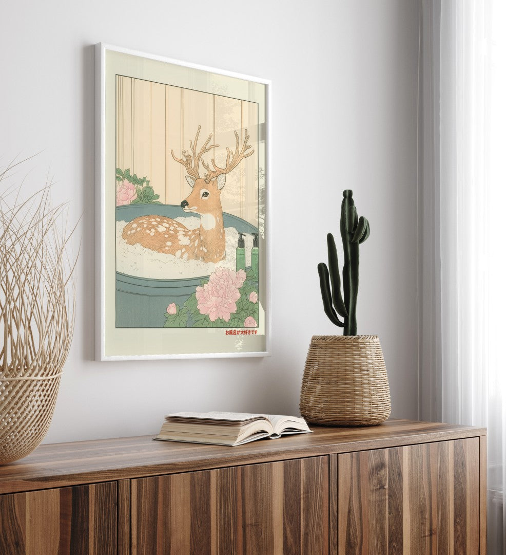 High-quality framed spotted deer bathroom wall art with calm floral design