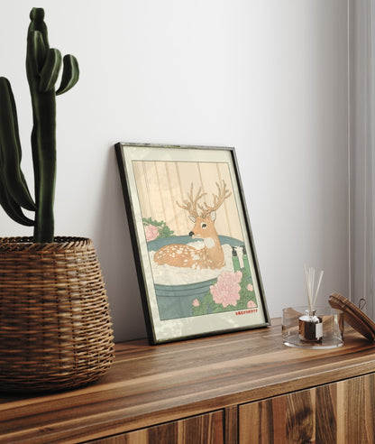 Framed bathroom decor showing a peaceful spotted deer in a Japanese-inspired bath