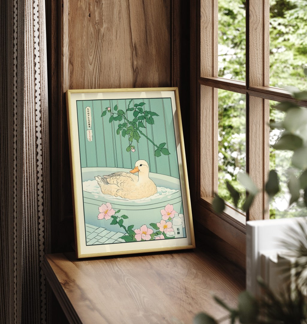 Framed bathroom wall art featuring a duck in a peaceful floral Japanese bath