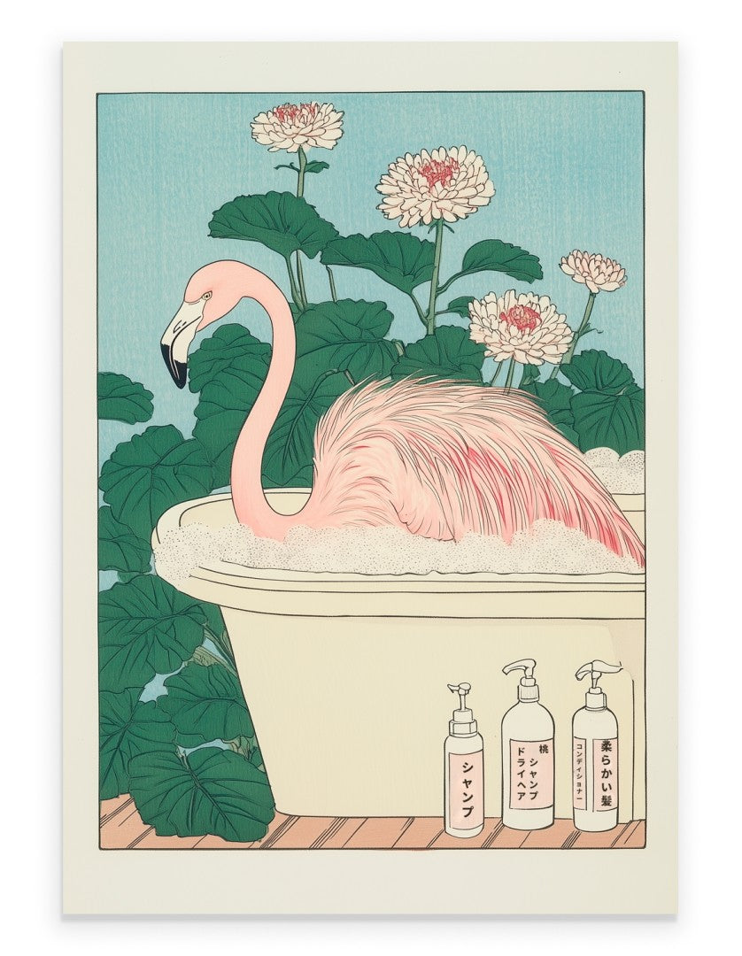 Flamingo soaking in a Japanese floral bath surrounded by greenery
