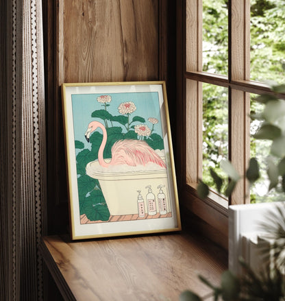 Framed bathroom wall art with a flamingo in a tranquil Japanese-style bath