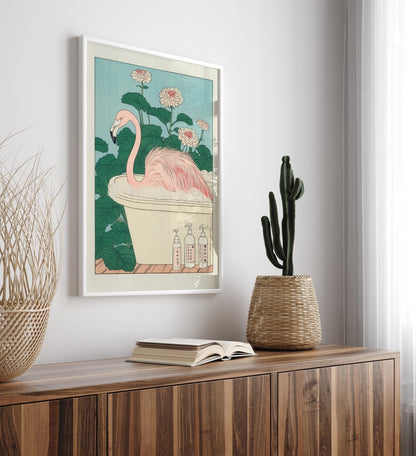 High-quality framed flamingo bathroom print with soft florals and pastel accents