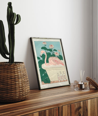 Framed bathroom decor featuring a relaxed flamingo in a botanical Japanese soak