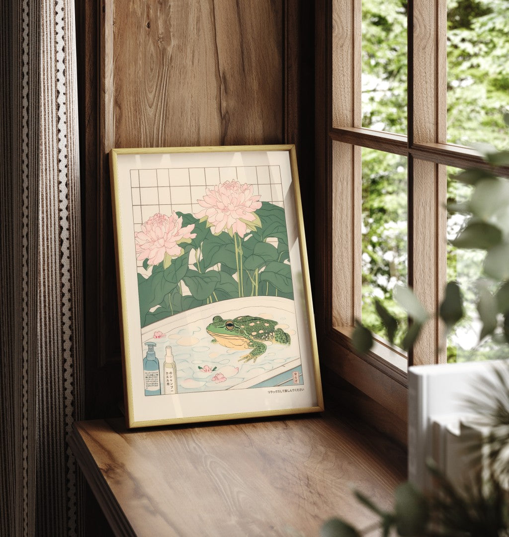 Framed frog bathroom wall art with botanical accents and peaceful atmosphere