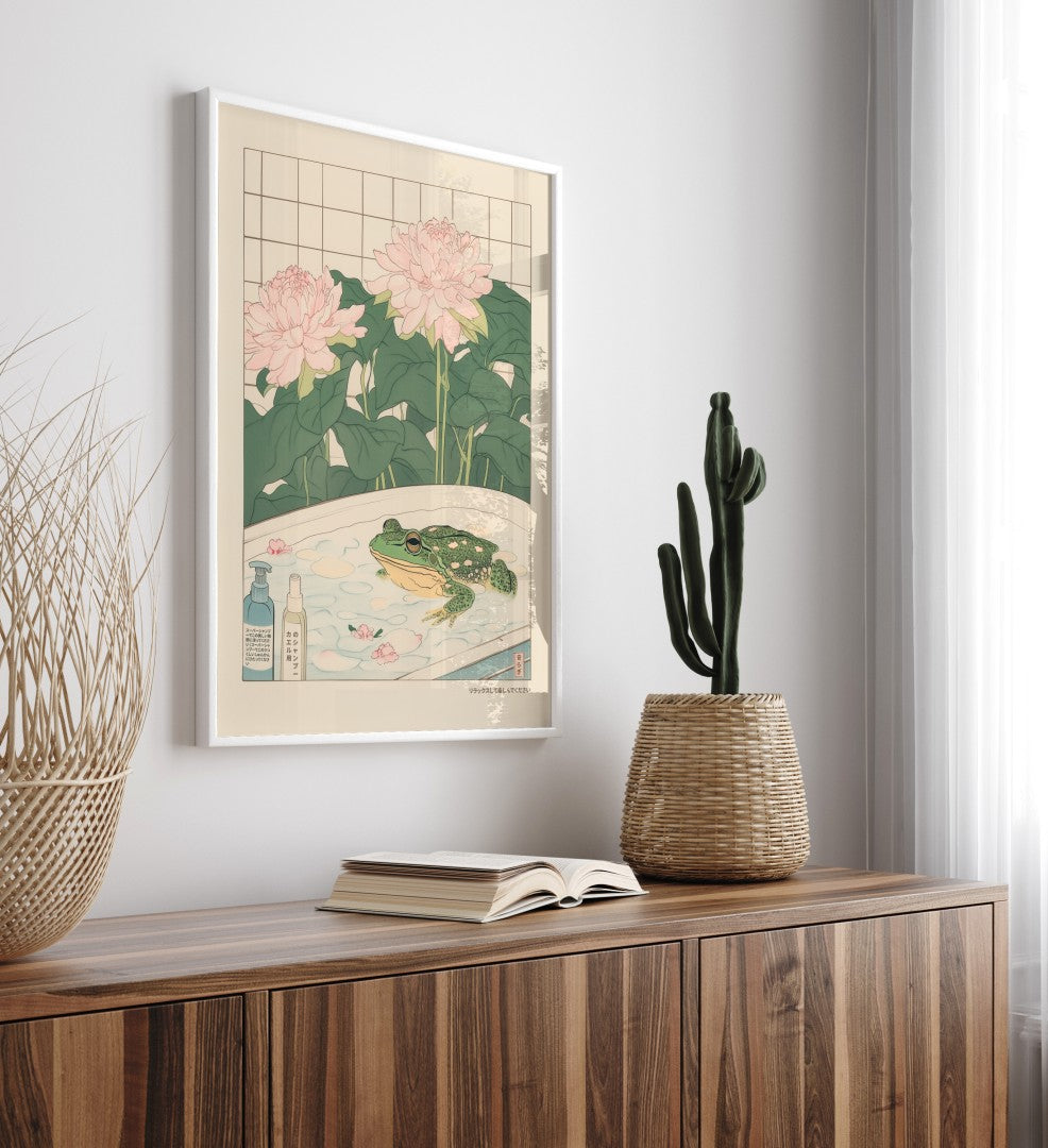 High-quality framed frog bathroom print with pastel blossoms