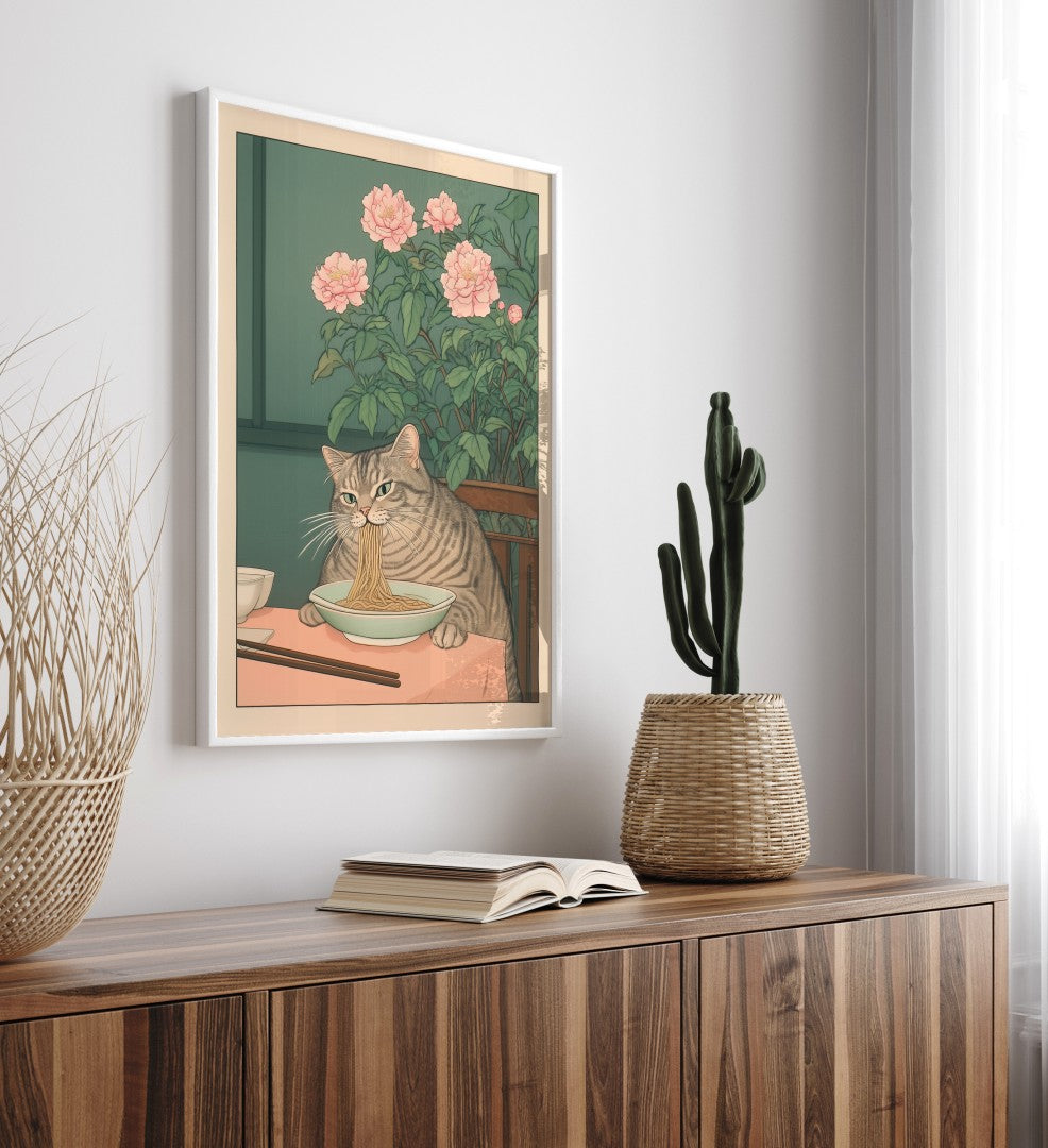 High-quality framed cat bathroom wall art with food and floral charm