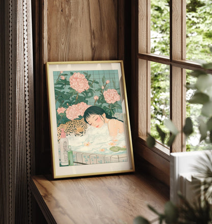 Framed bathroom print showing a woman beside a leopard in a peaceful setting