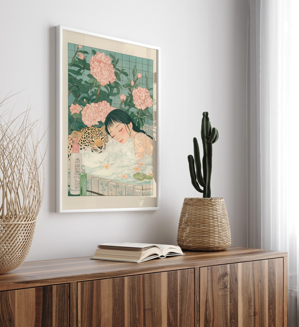 High-quality framed wall art of a woman and leopard sharing a relaxing bath scene