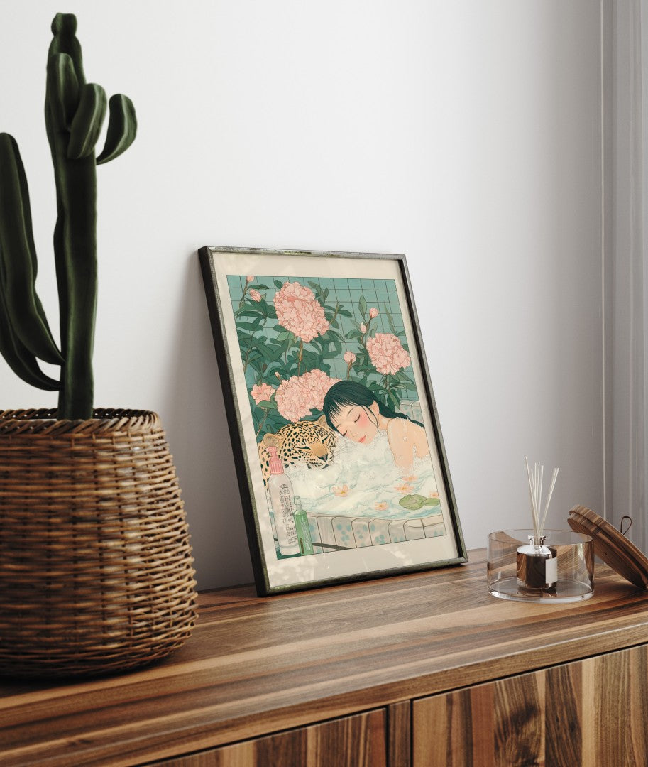Framed bathroom decor with a woman and leopard surrounded by floral details