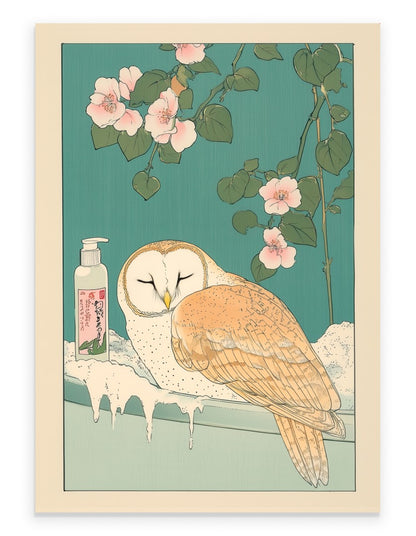 Elegant barn owl resting in a flower-filled Japanese bath with pastel tones