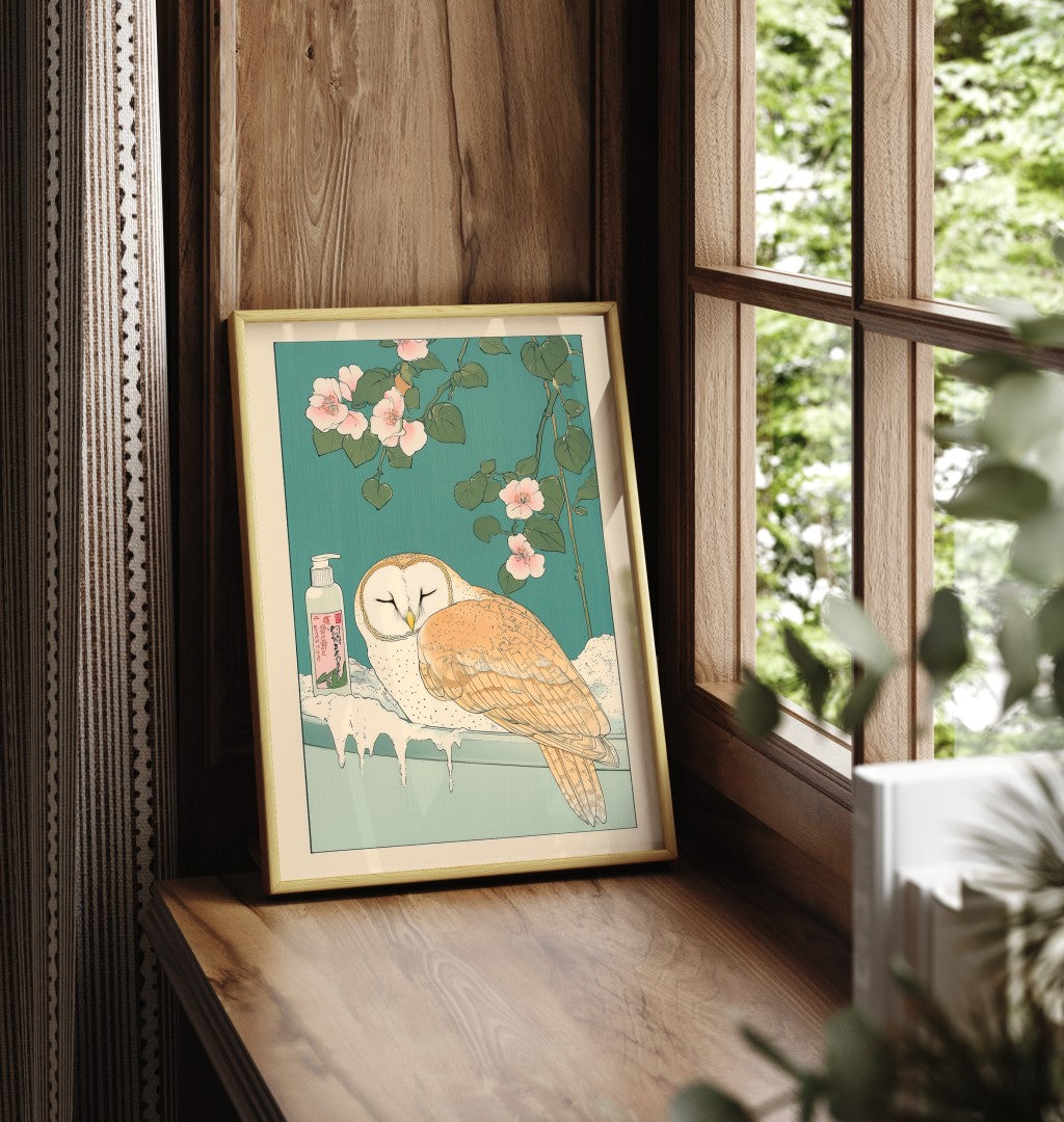 Framed bathroom print of a barn owl in a peaceful, botanical Japanese-style bath