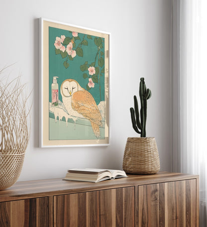 Framed bathroom decor featuring a calm barn owl soaking in a flower bath