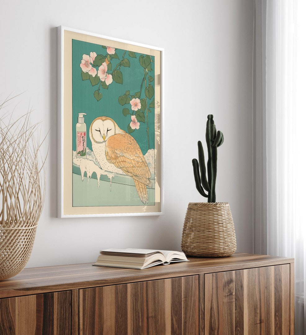 Framed bathroom decor featuring a calm barn owl soaking in a flower bath