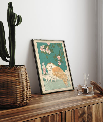 High-quality framed barn owl bathroom wall art with floral accents and soft steam