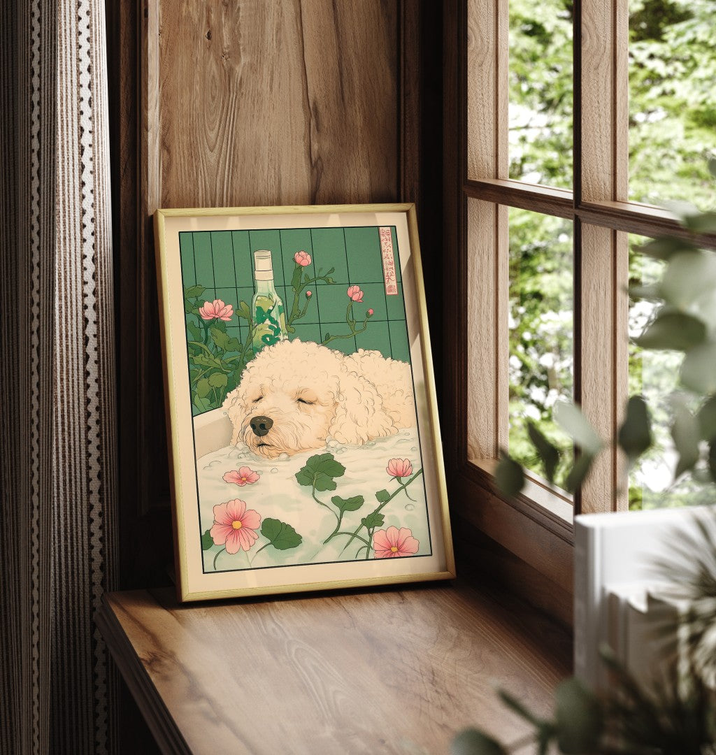 Framed bathroom print of a beige poodle in a peaceful flower-filled soak