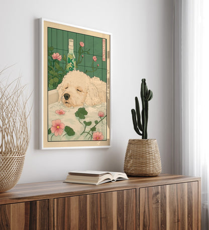 High-quality framed poodle bathroom wall art with botanical accents